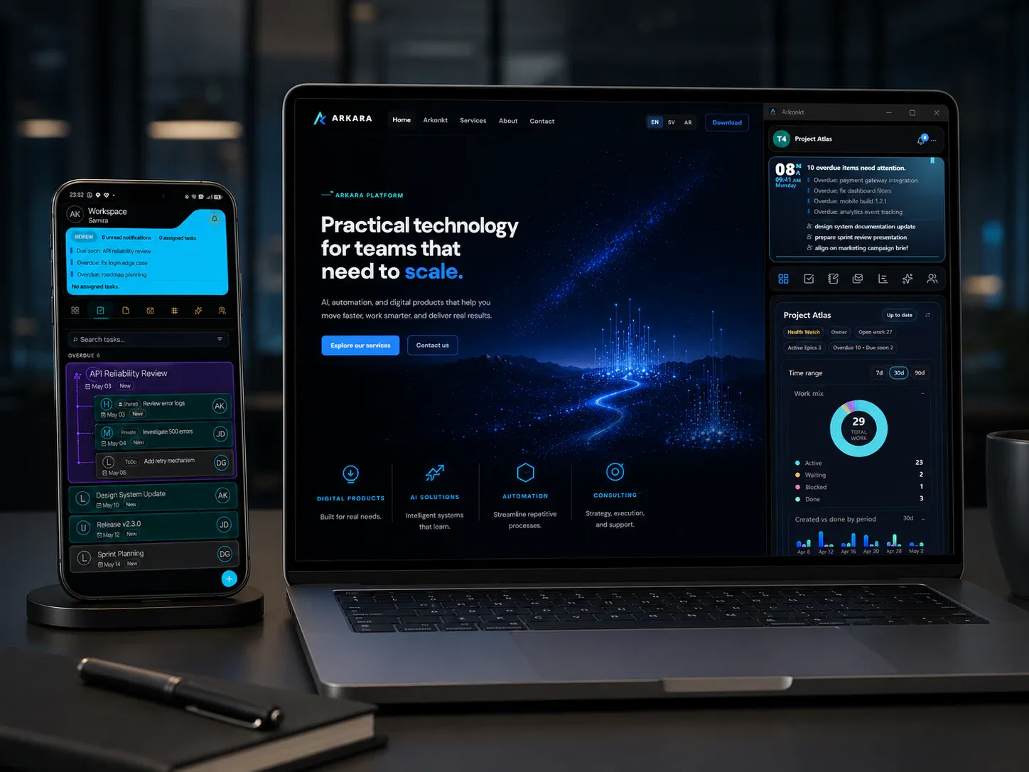 The ARKARA platform and Arkonkt app shown on a laptop and phone.