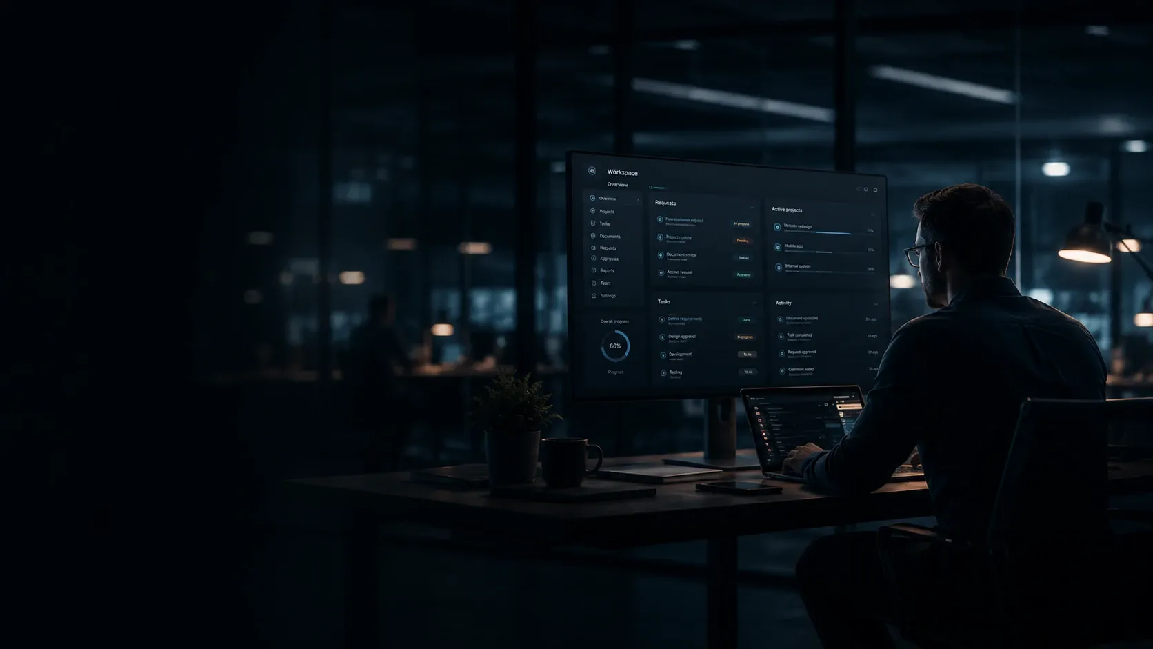 A structured business system shown across desktop and mobile screens.