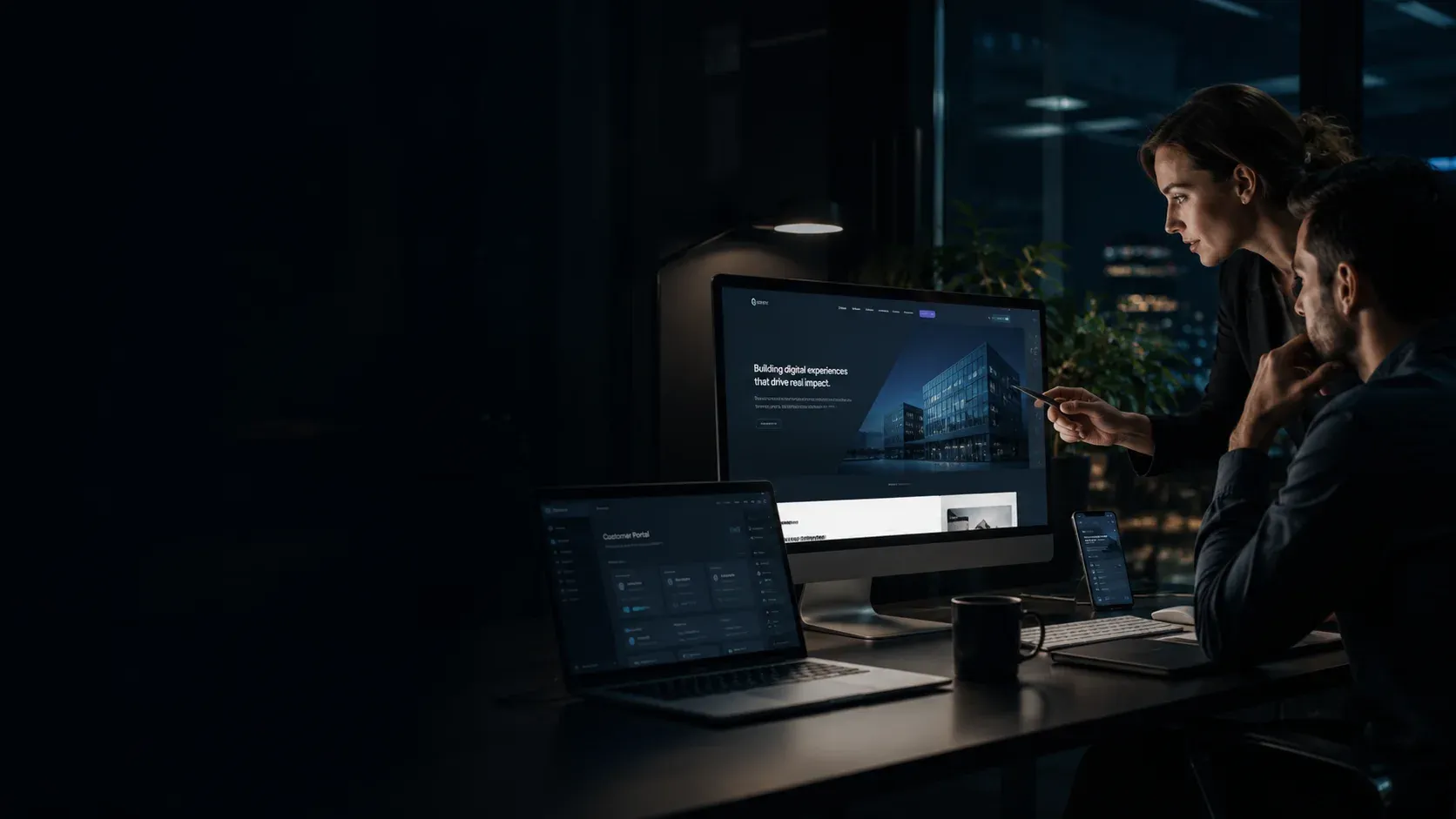 A polished customer-facing website displayed on multiple screens.
