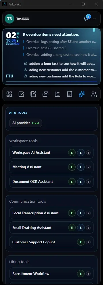 Arkonkt AI and Tools placeholder showing the Local AI provider option and focused assistants.