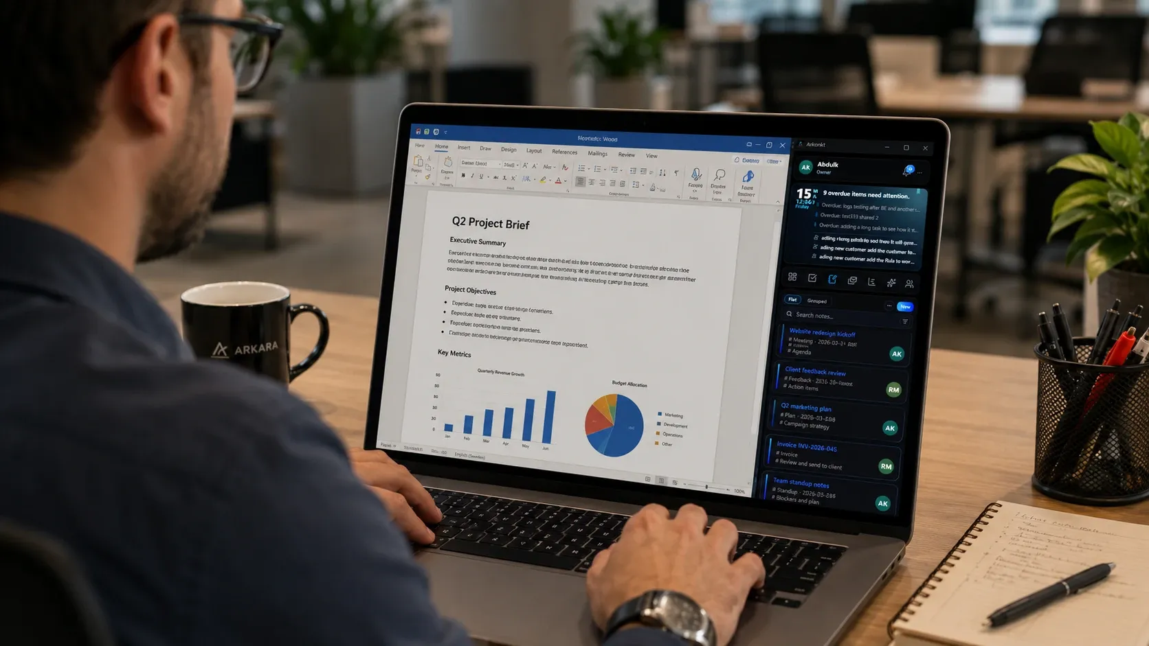 A Windows laptop with another business application open and Arkonkt docked at the side of the screen.