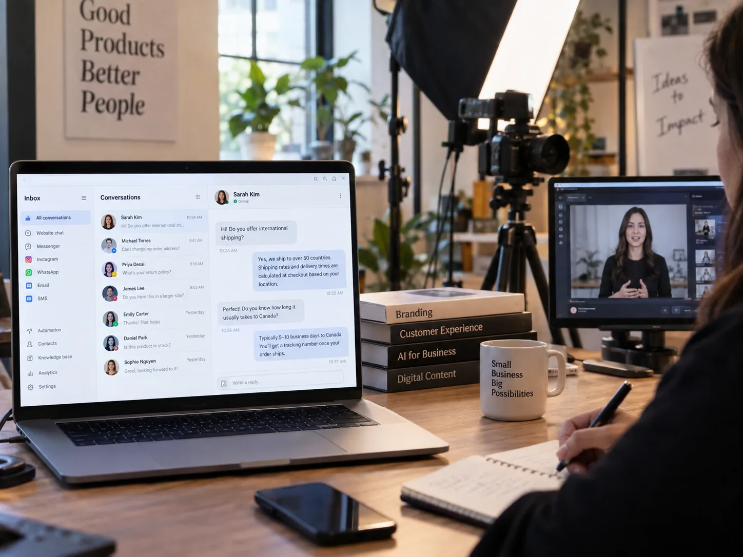 Customer conversations and a video presenter displayed across two workstations