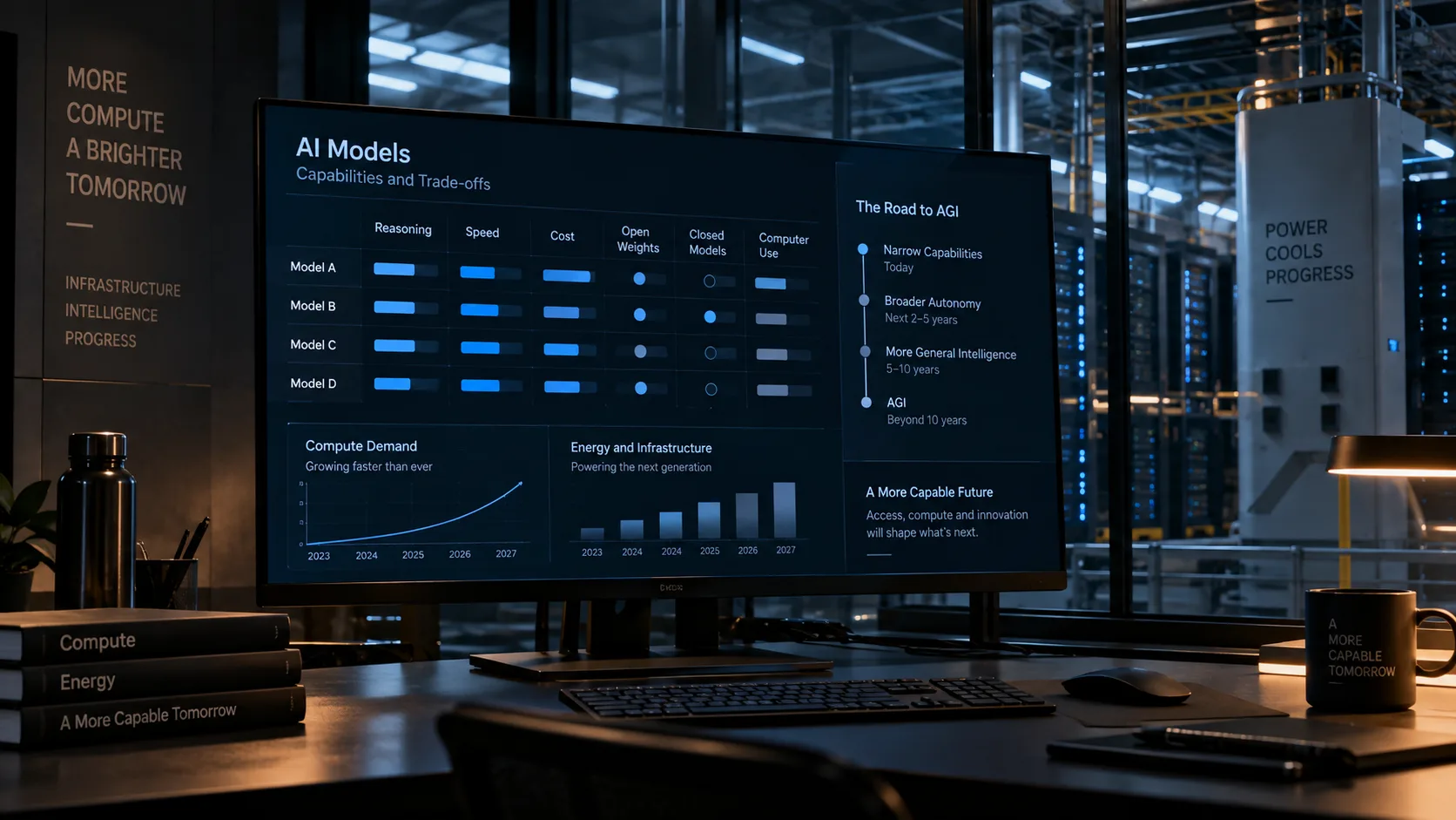 AI model trade-offs and compute demand displayed in a data-centre workspace