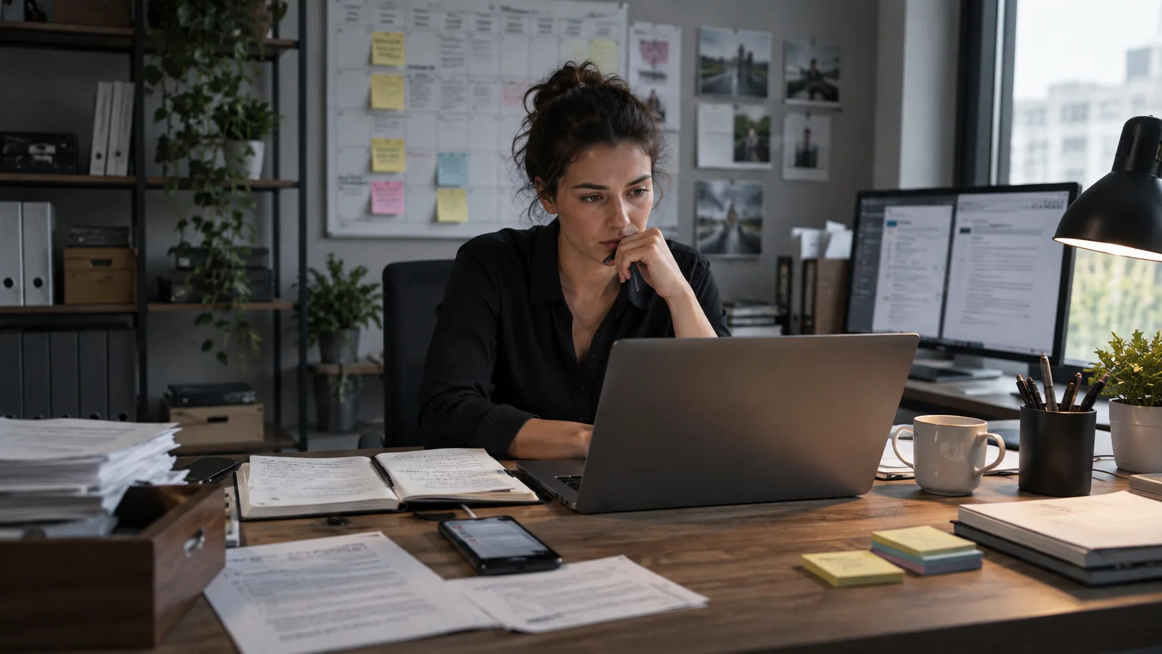 A focused professional working at a laptop amid notes, documents and multiple screens