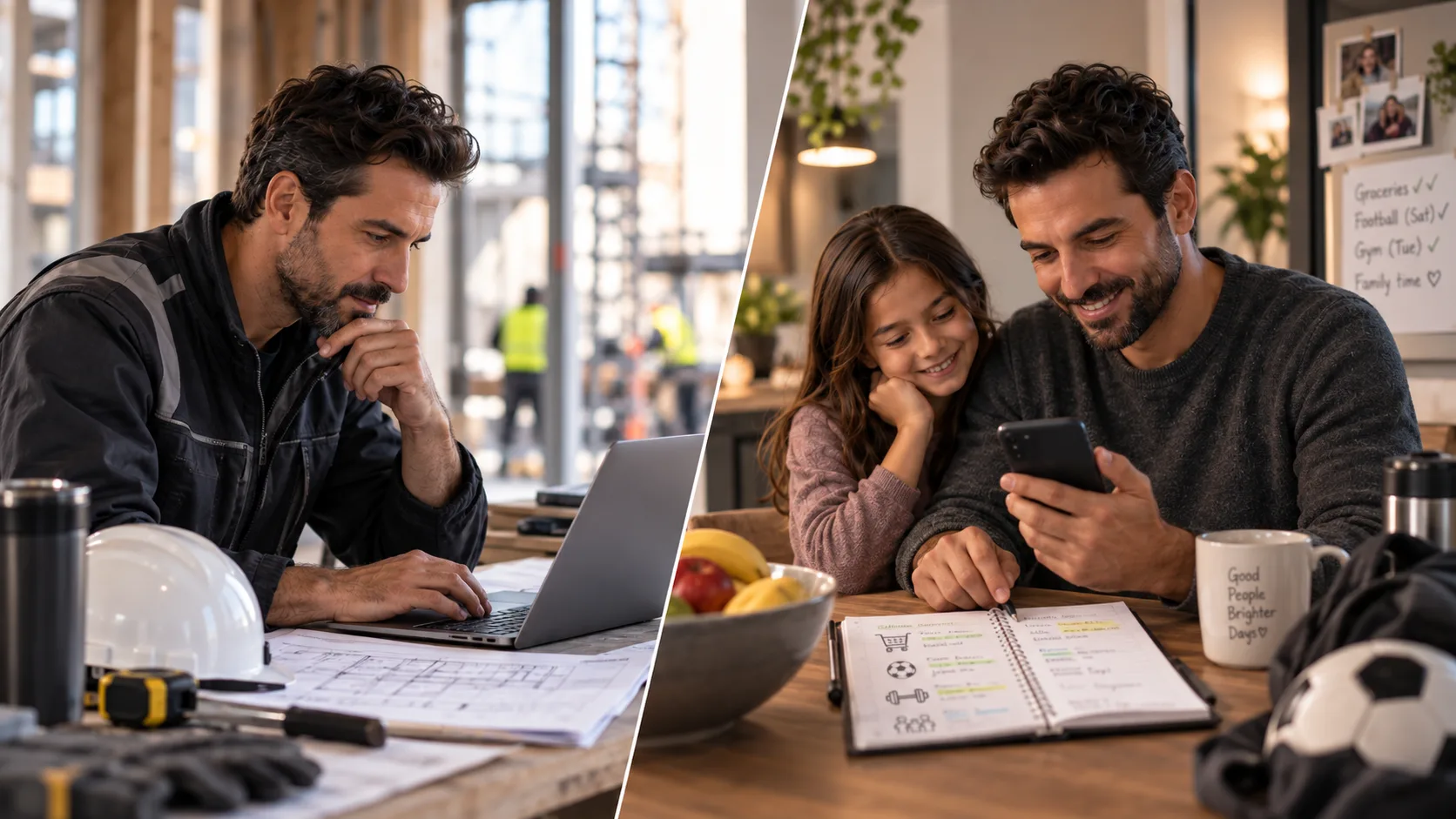 A split scene of a professional at work and planning family life with a child